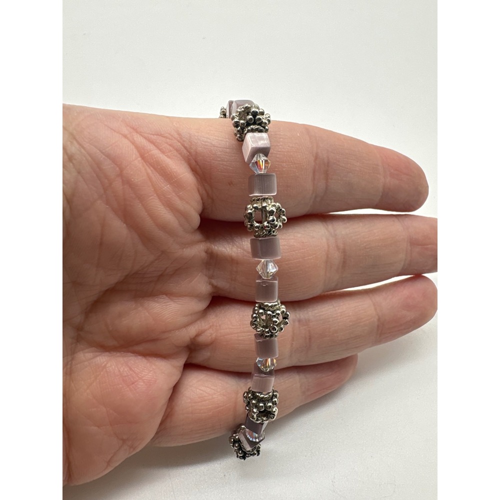 Artisan Mauve Cats Eye Cube & Crystal Beaded Bracelet Silver‎ Tone Toggle 7.25in
